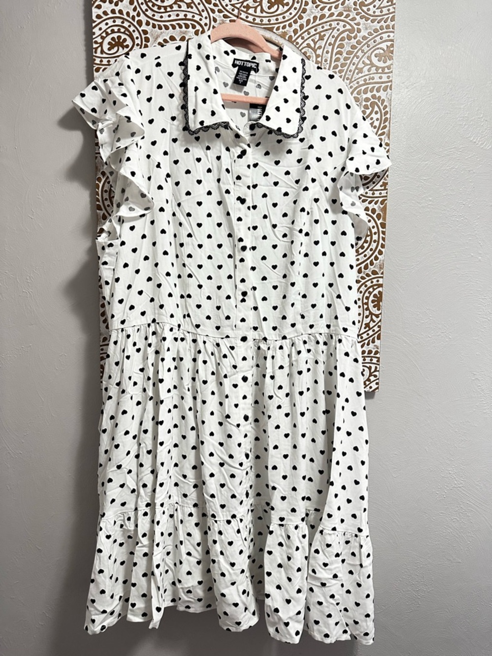 Hot Topic White and Black Heart Print Ruffle Dress